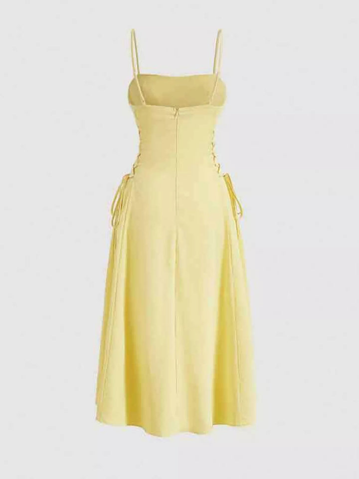 Lace-up side A-line midi dress with ruched bodice