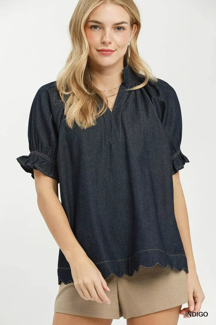 INDIGO Chambray puff sleeve blouse with scalloped hem and split neck