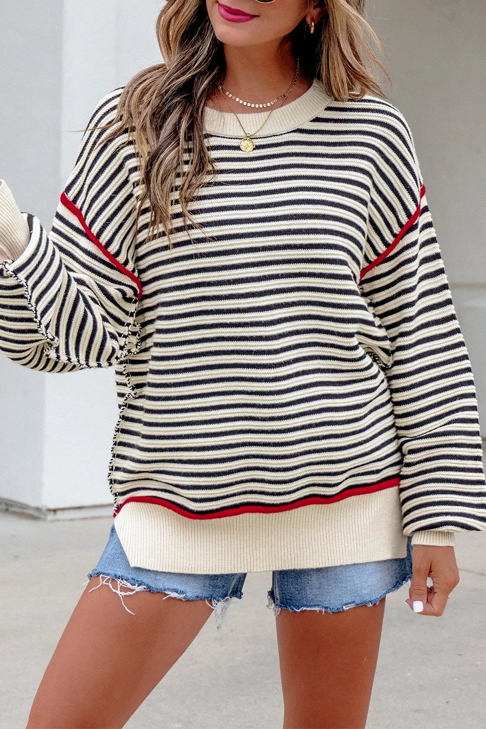 Stripe Striped drop shoulder oversized crew neck sweater