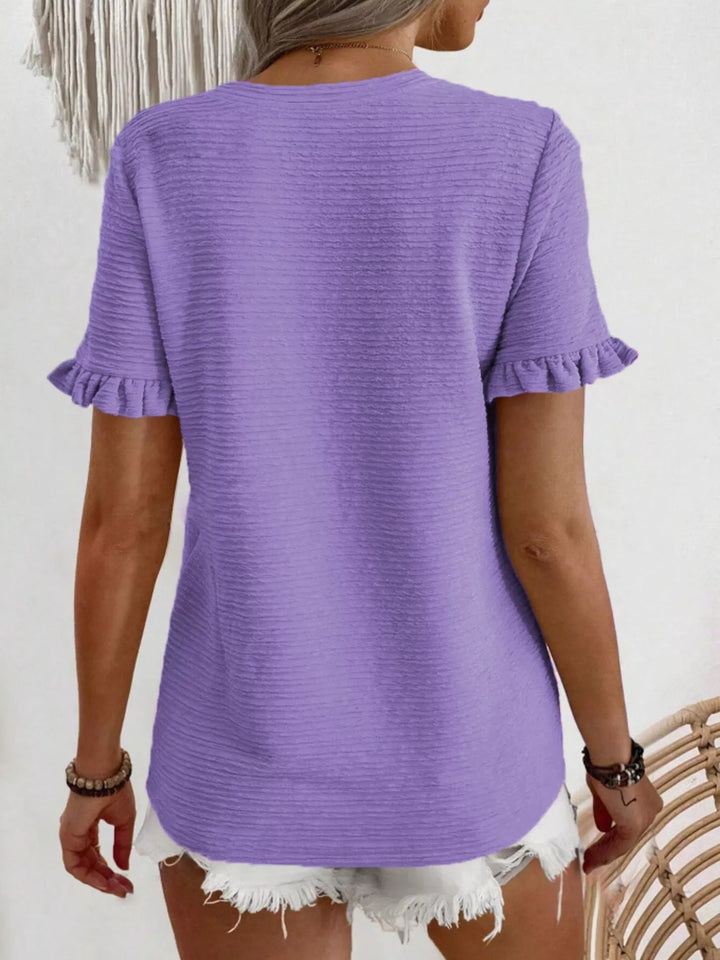 Ruffle-cuff crew neck top with crinkle texture