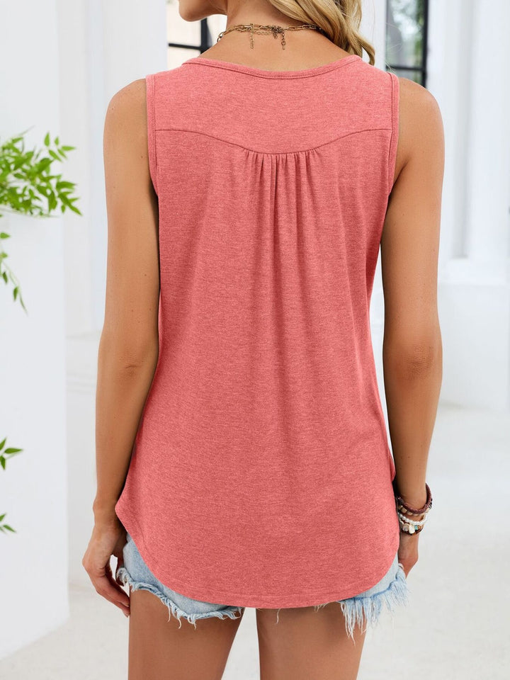 Ruched button-front sleeveless round neck tank top