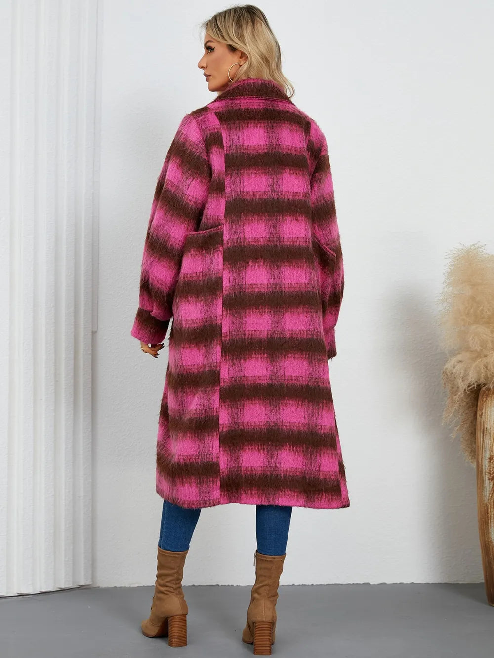 Plaid double-breasted longline coat with notch lapel
