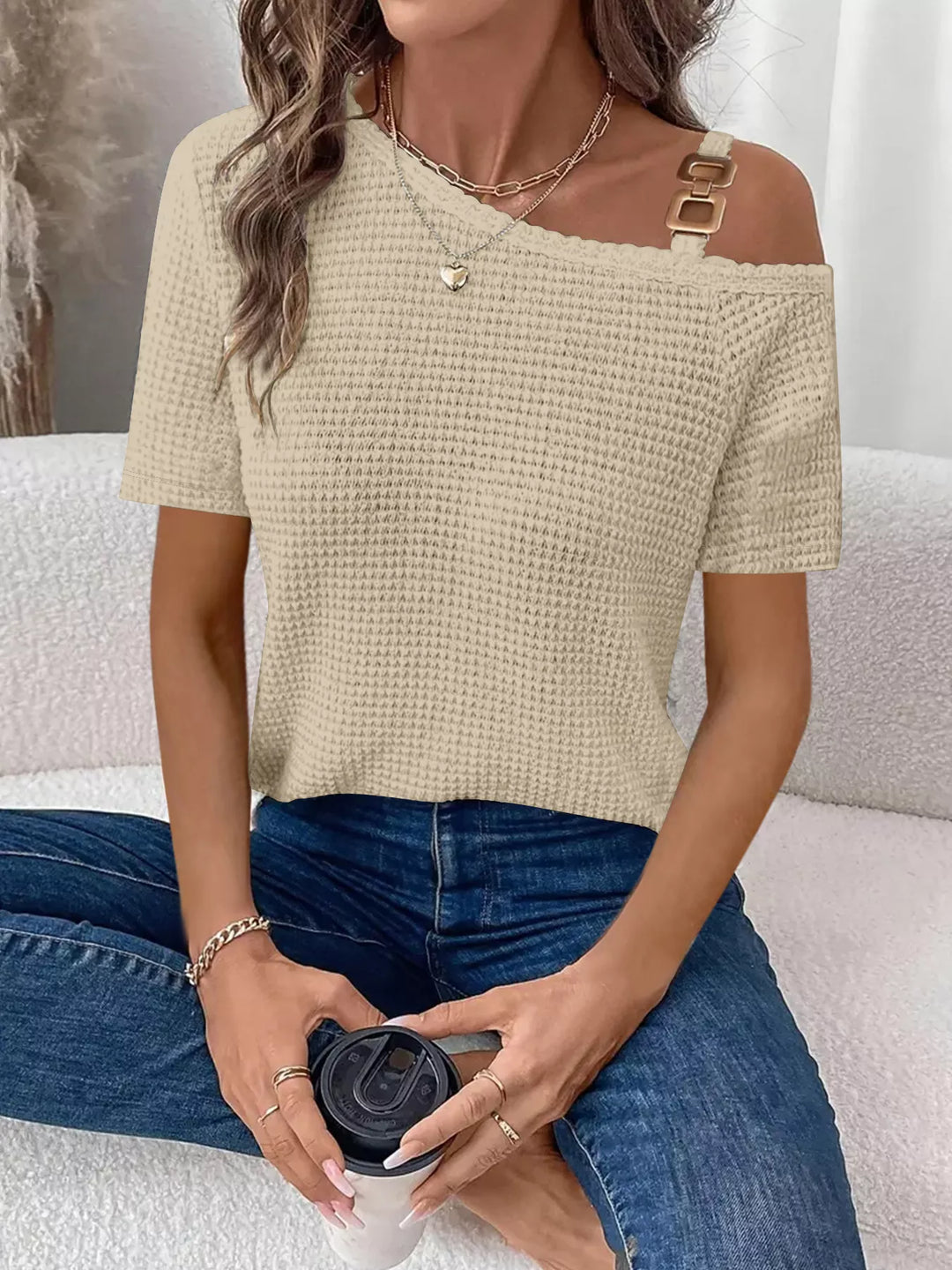 One-shoulder waffle knit top with chain-link strap detail