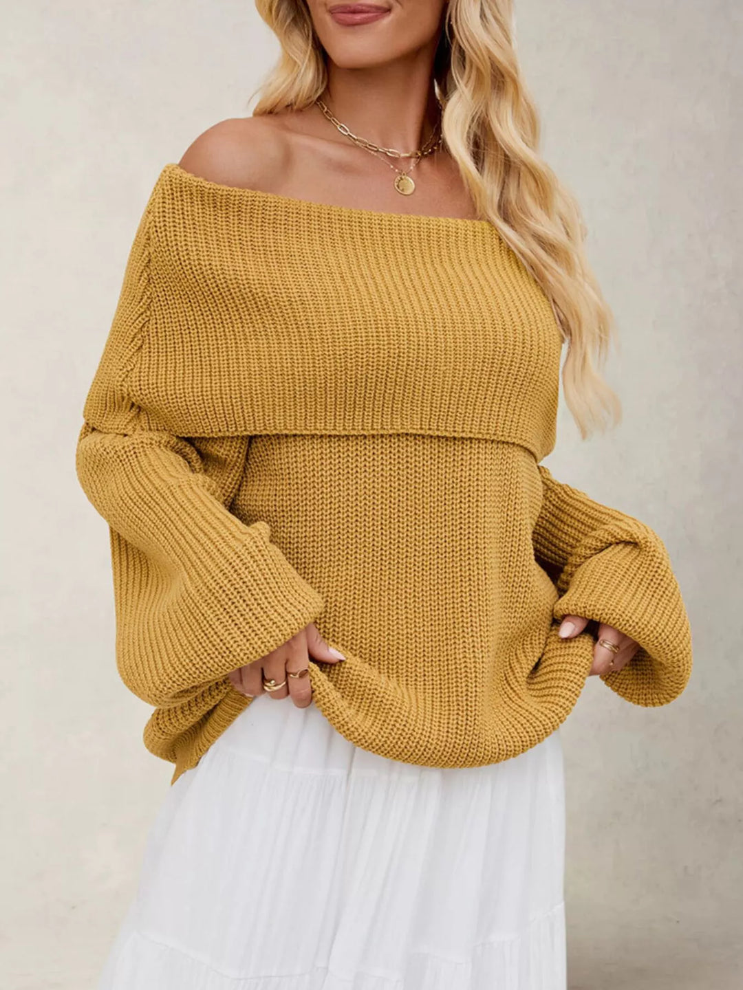 Dark Yellow Off-shoulder ribbed knit sweater with foldover collar