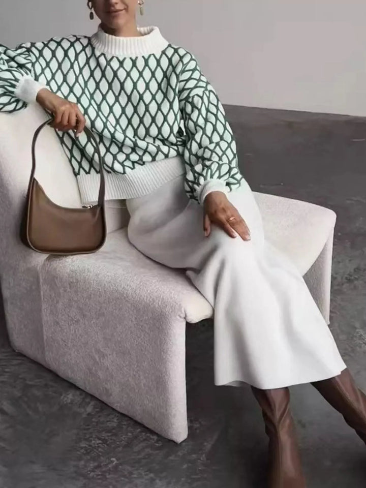 Geometric lattice knit turtleneck sweater