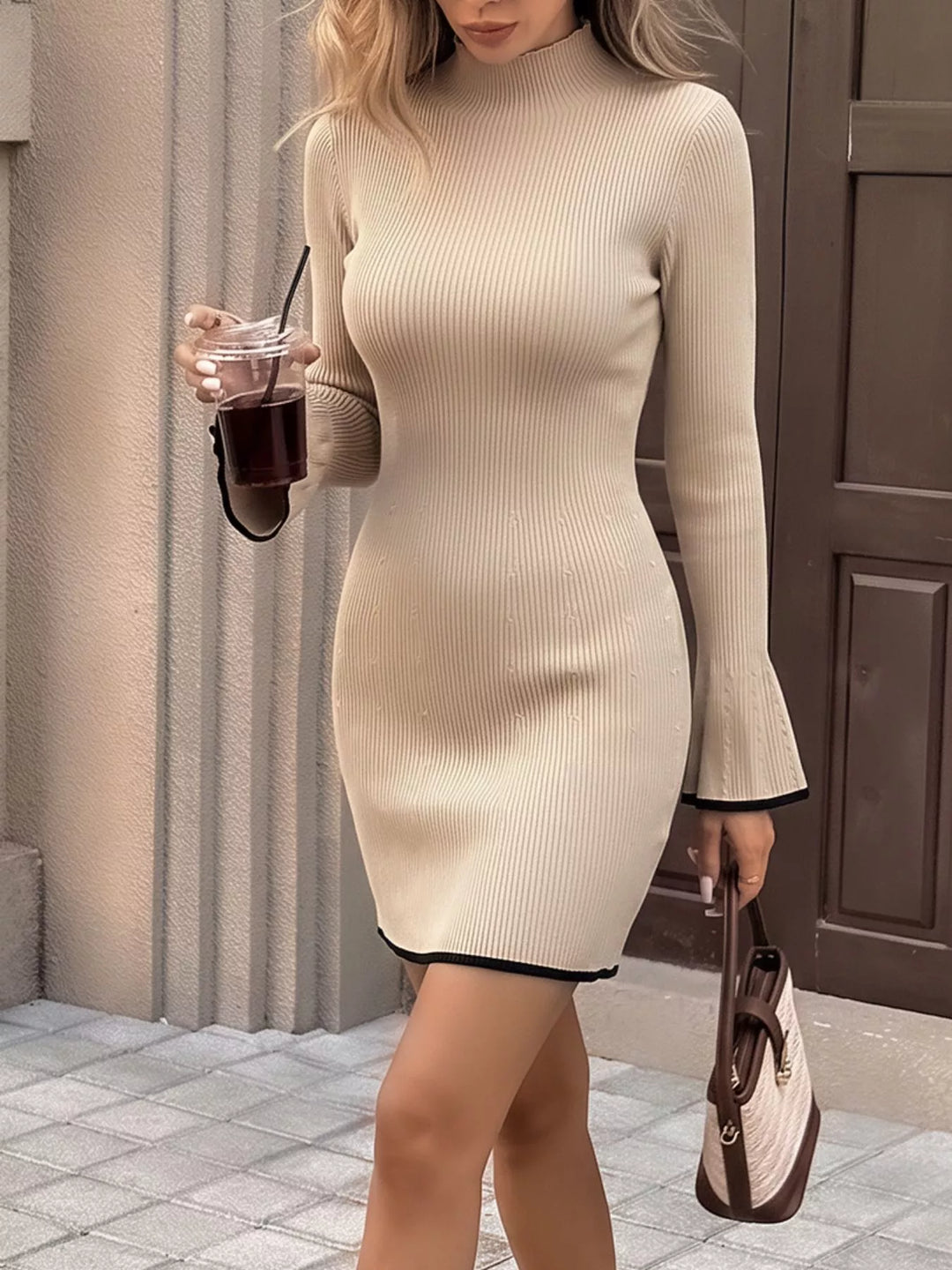 Ribbed knit mock neck flare sleeve mini sweater dress