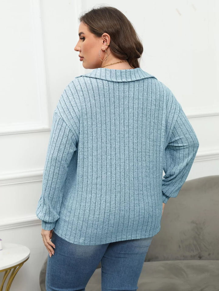 Plus size ribbed knit polo collar long-sleeve top