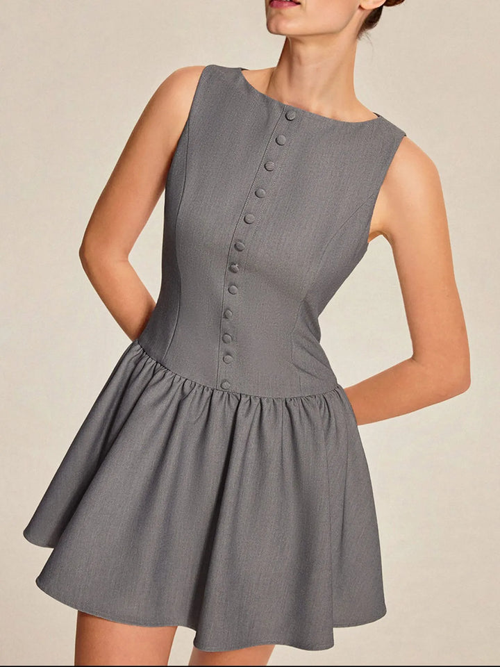 Boat neck sleeveless button-front drop-waist mini dress
