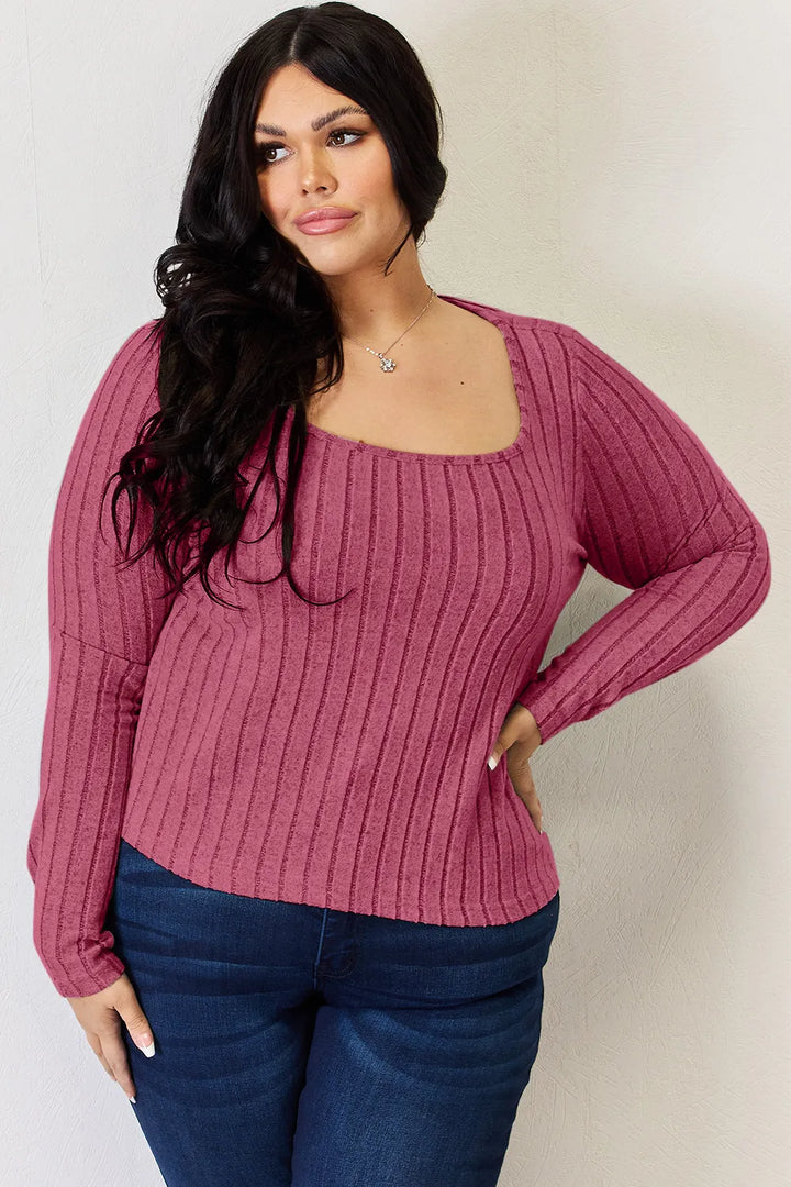 Ribbed scoop neck long sleeve fitted top