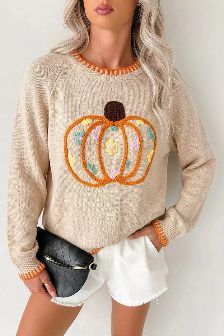 Tan Pumpkin floral embroidery crew neck pullover sweater