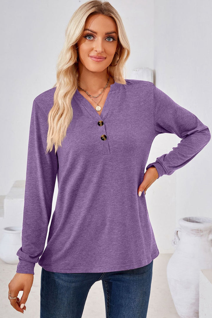Buttoned split V-neck long sleeve henley top