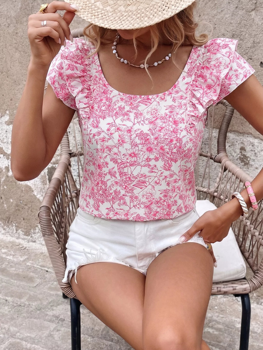 Floral print ruffle cap sleeve blouse with square neckline