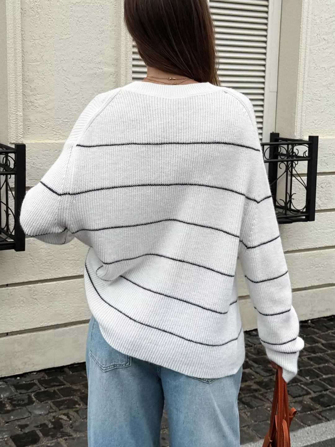 Striped drop-shoulder crew neck knit sweater