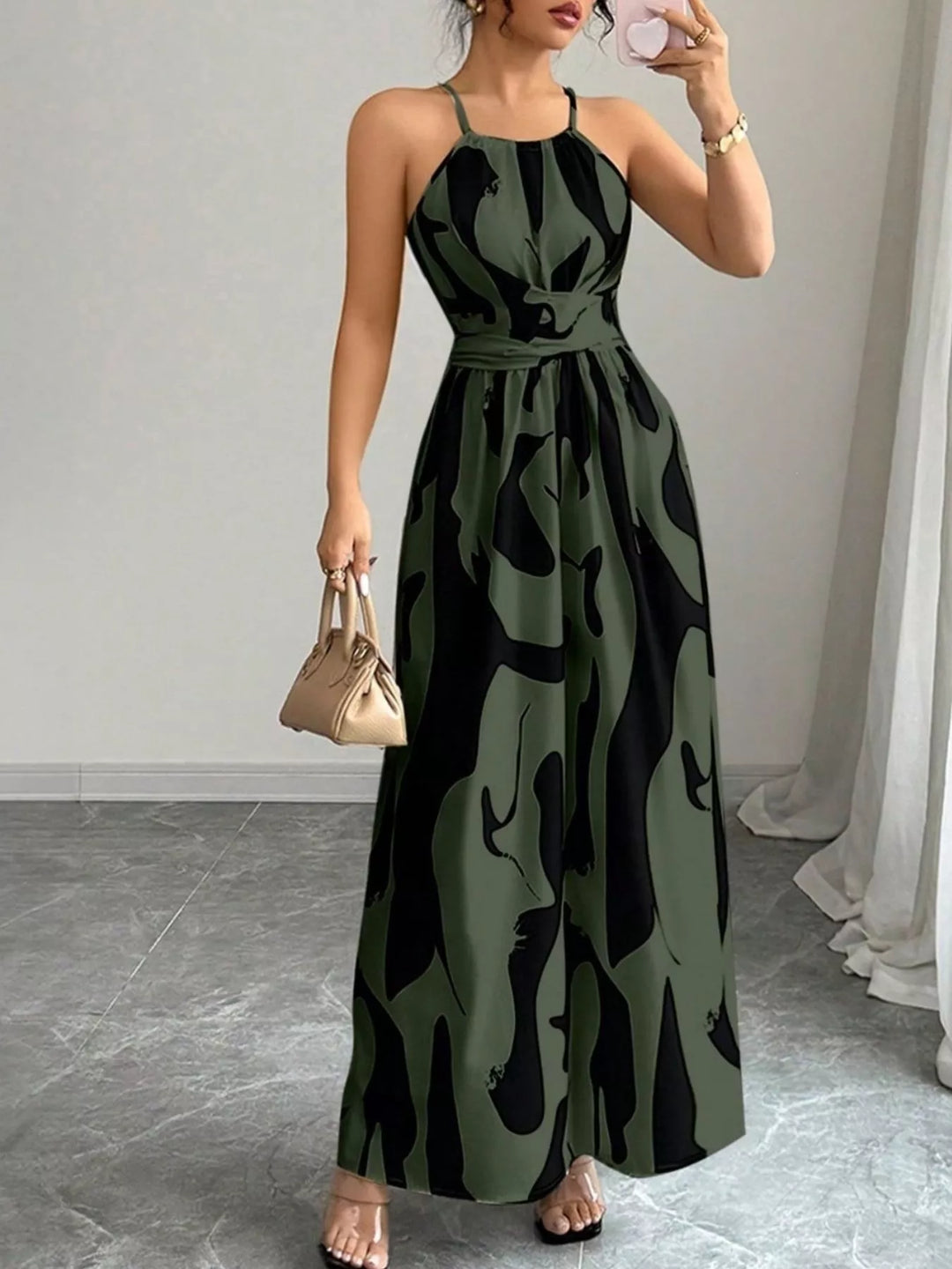 Army Green Abstract brushstroke print halter maxi dress with tie waist