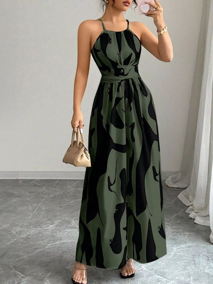 Army Green Abstract brushstroke print halter maxi dress with tie waist