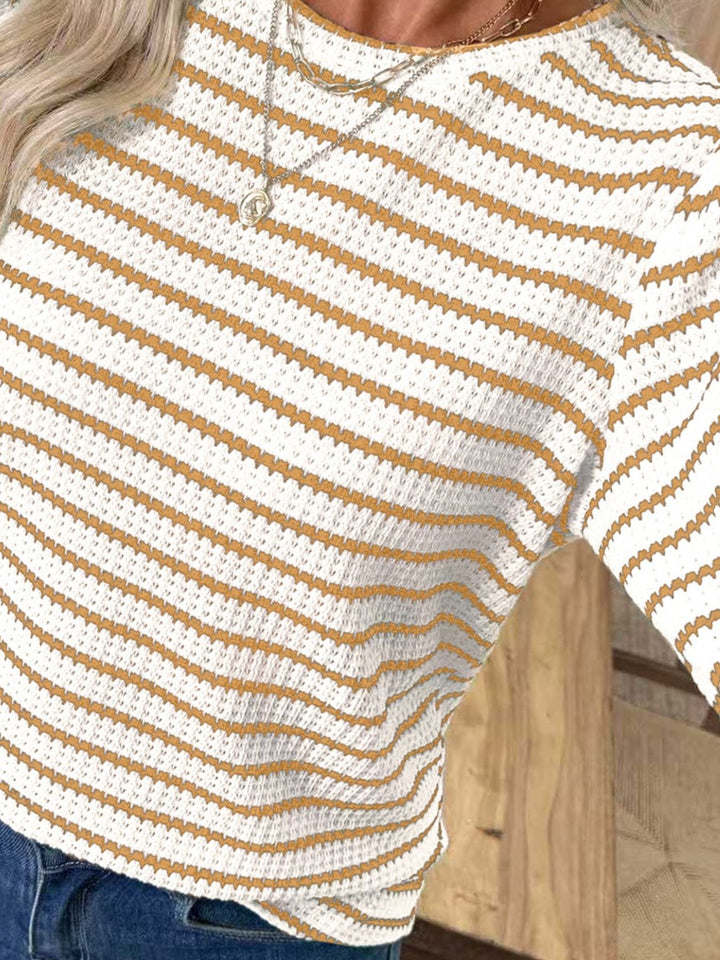 Striped textured knit long sleeve crew neck top