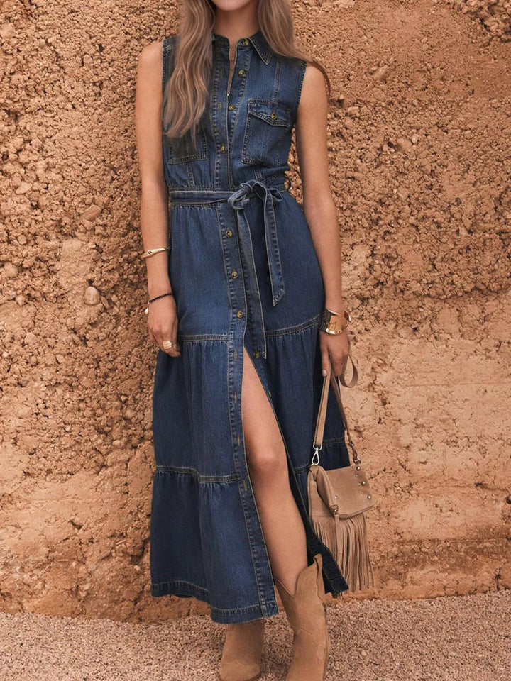 Dark Blue Sleeveless button-front tiered denim maxi dress