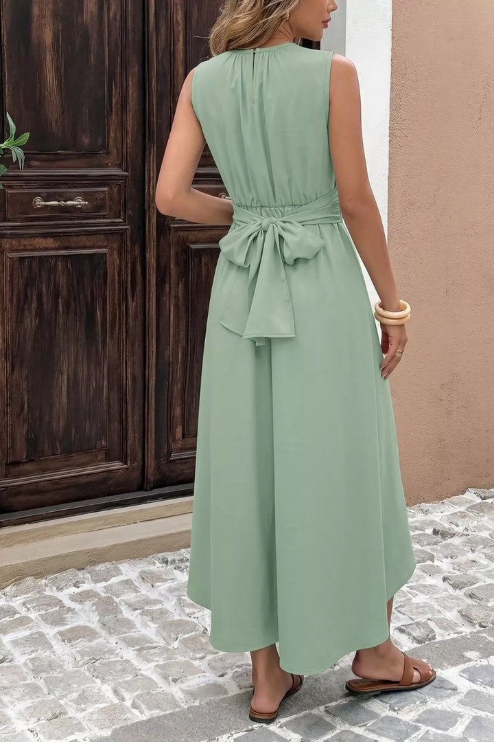 Sleeveless twist-front high-low A-line midi dress