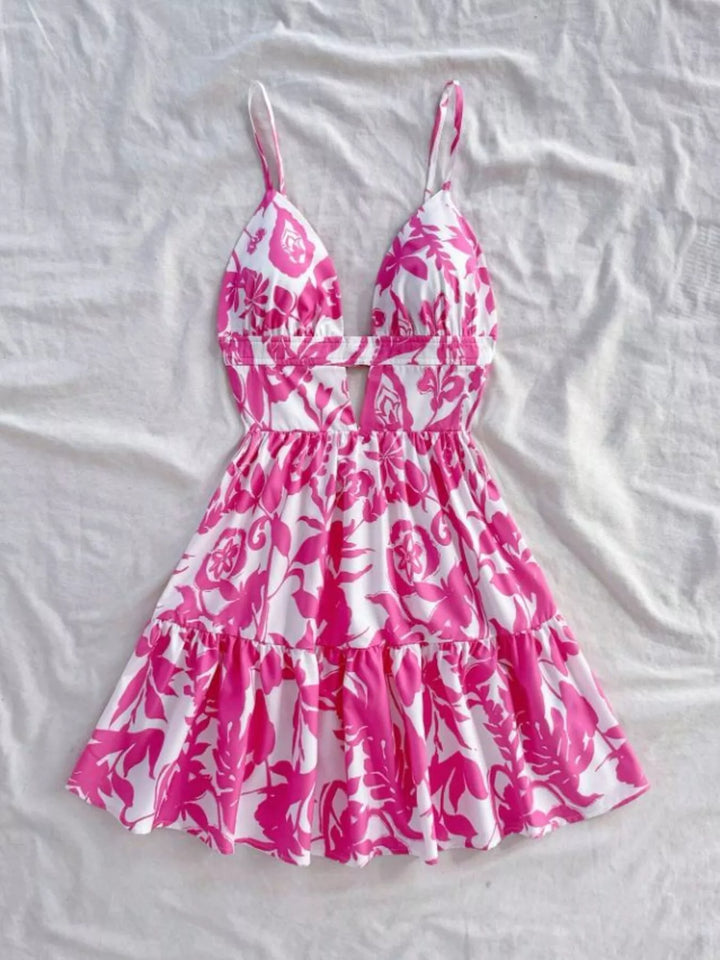 Floral print cutout mini dress with tiered ruffle hem