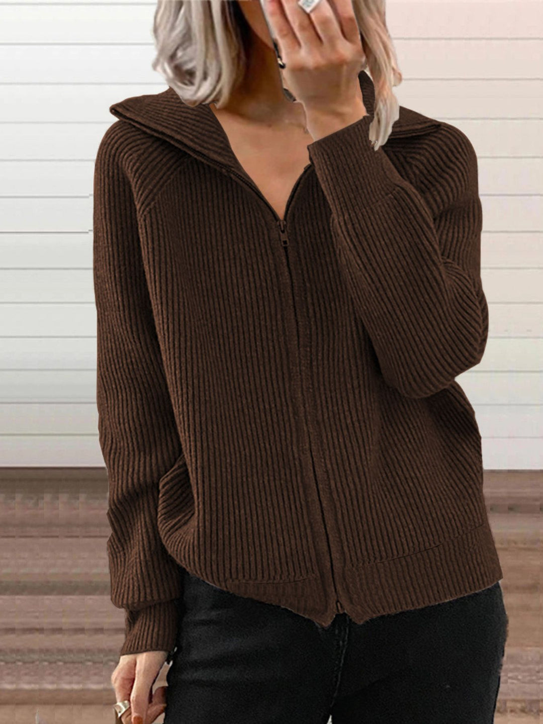 Brown Ribbed knit zip-up cardigan with collar and pockets