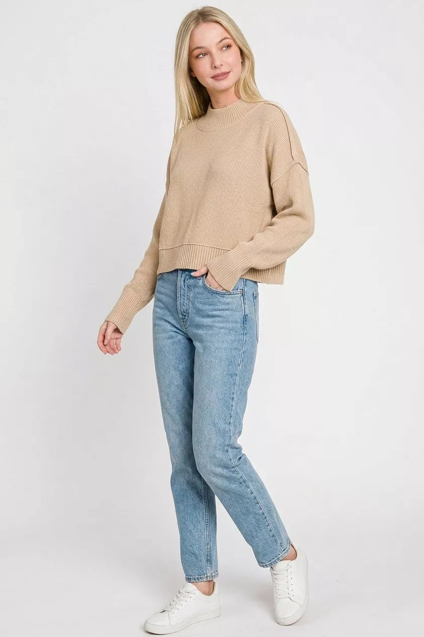 Ribbed mock neck cropped sweater with side slits