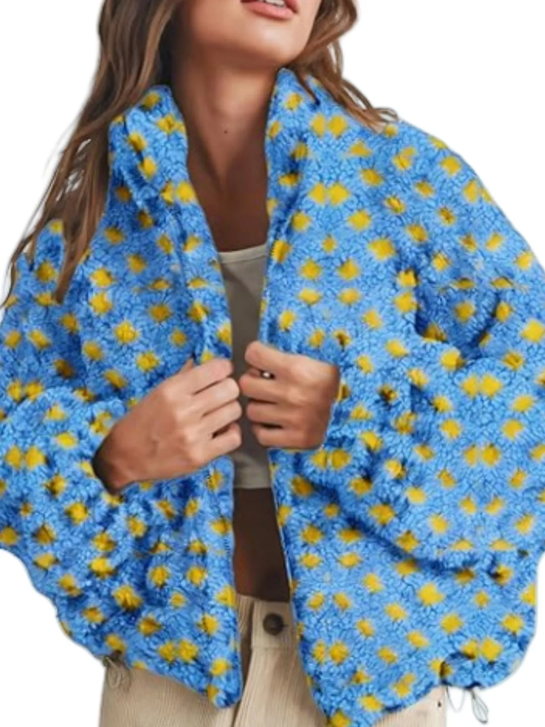 Light Blue Plaid sherpa zip-up jacket with stand collar and drawstring hem