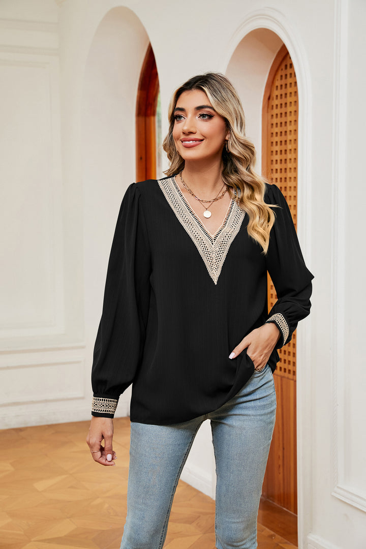 Black Contrast crochet trim V-neck puff sleeve blouse