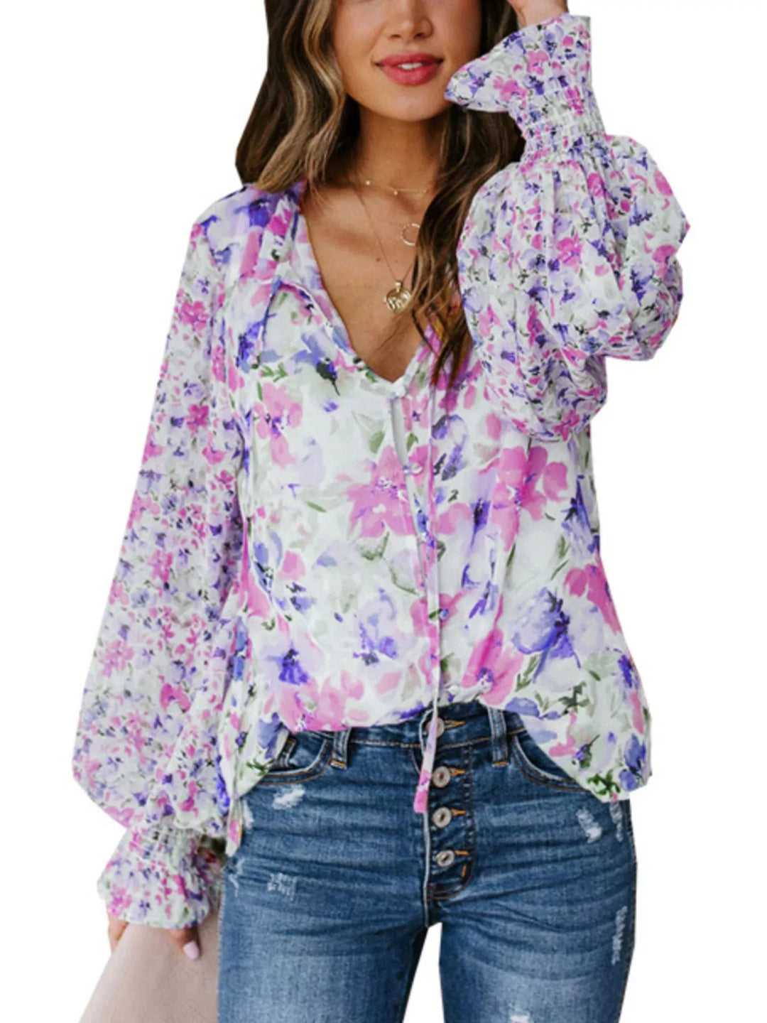 Rose Red Floral print V-neck button-down blouse with smocked cuffs