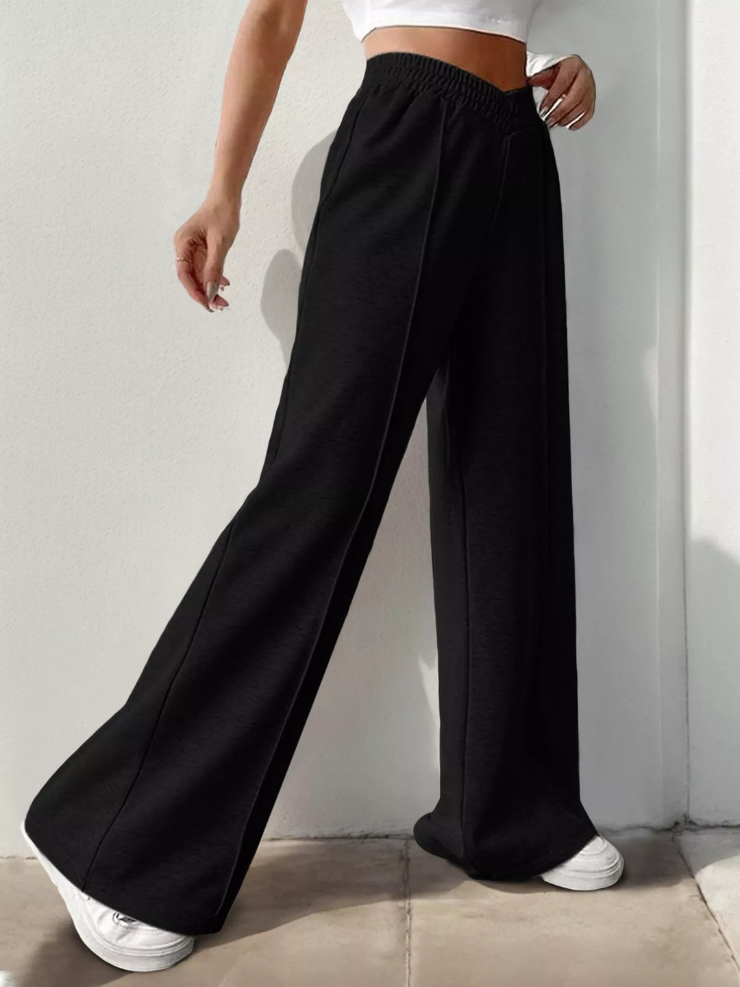 High waist wide leg pull-on pants with V-notch waistband