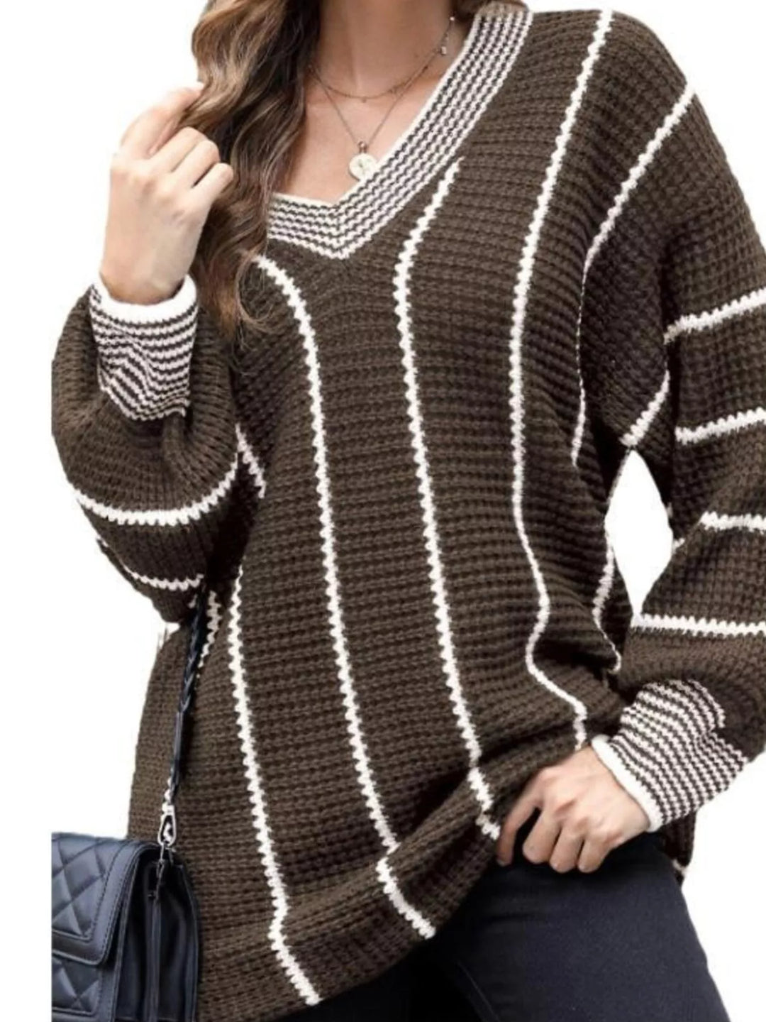 Waffle knit V-neck sweater with contrast stripe trim