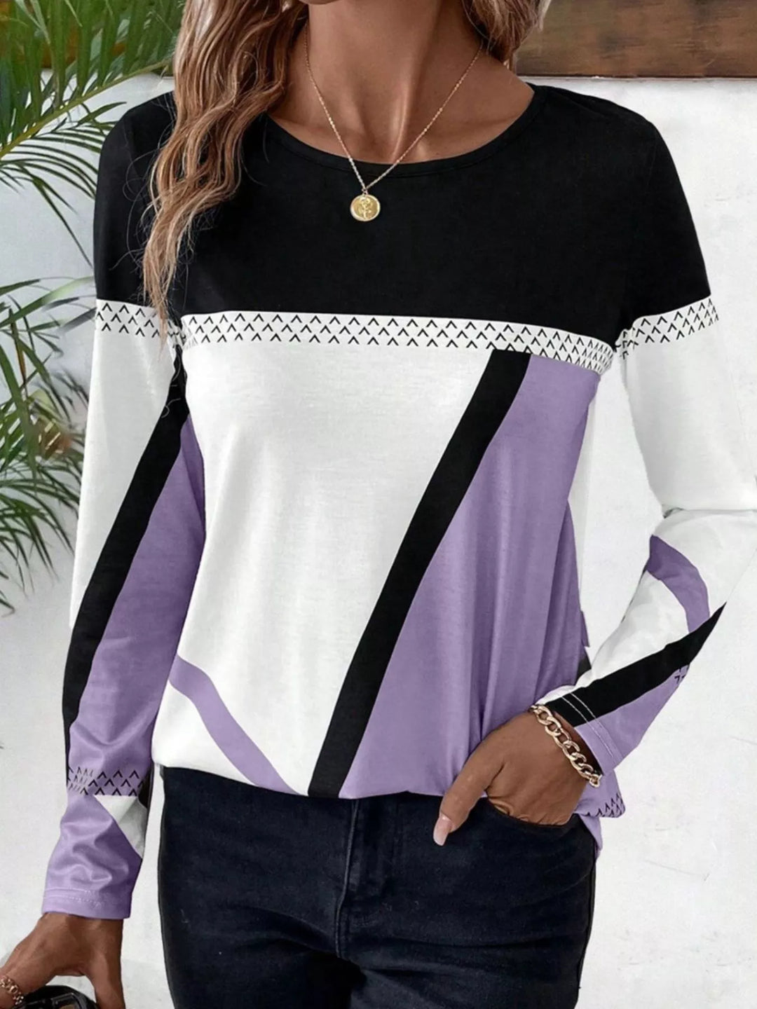 Lavender Geometric color block long sleeve crew neck top