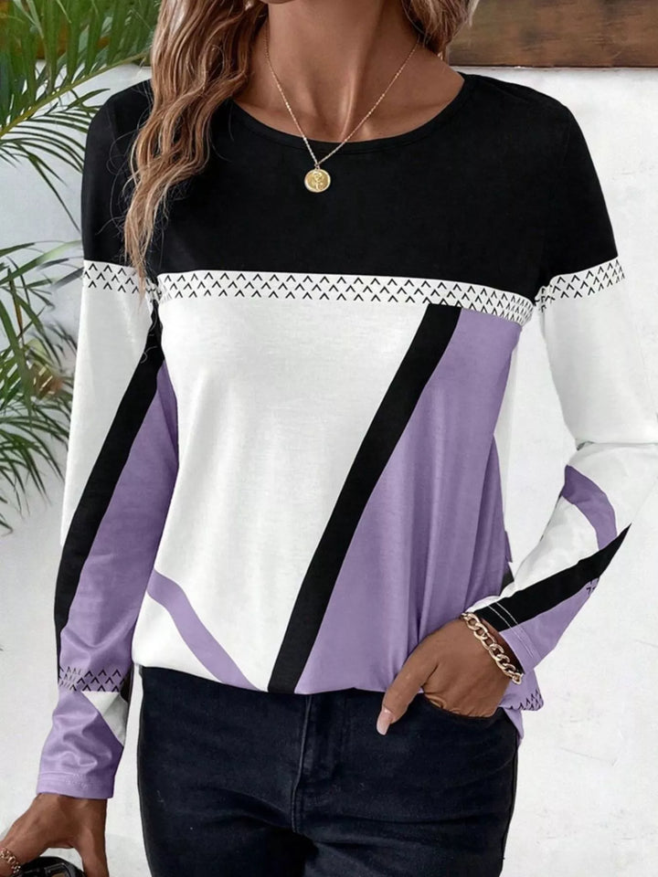 Lavender Geometric color block long sleeve crew neck top