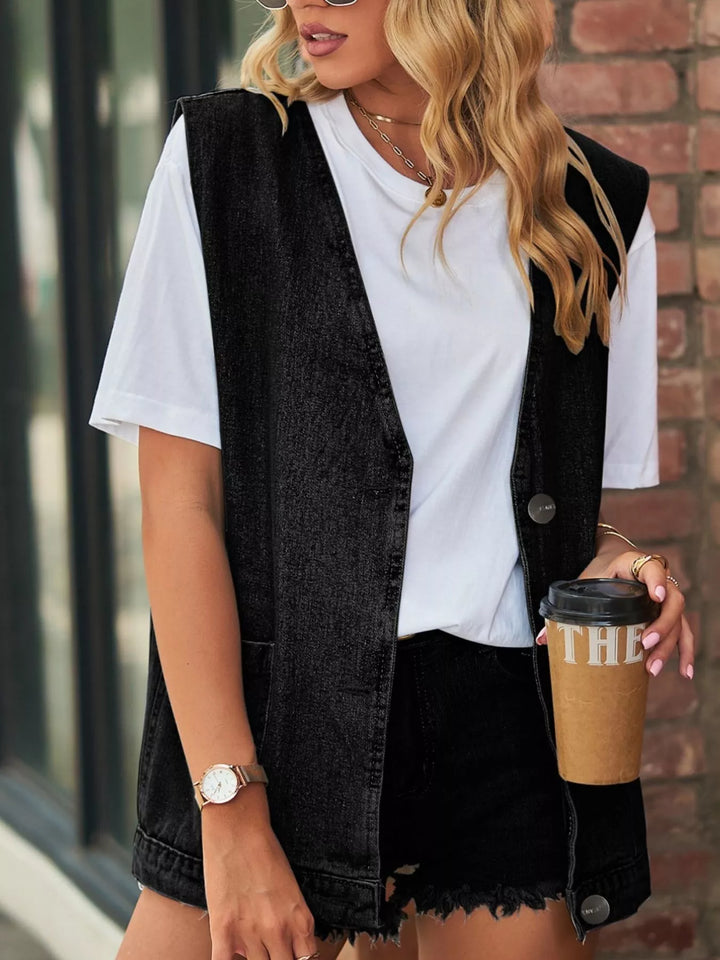 Sleeveless button-down denim vest with patch pockets