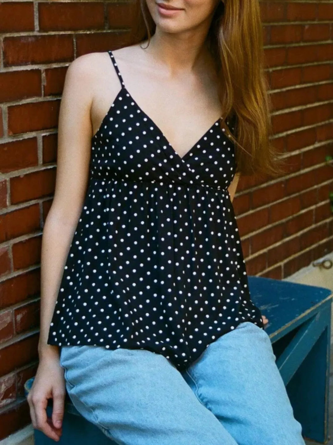 Polka dot v-neck babydoll cami with twist front