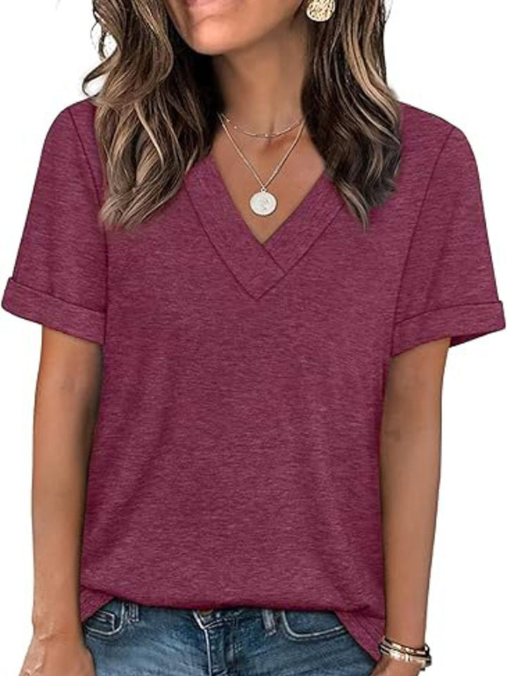 Wine Red Relaxed V-neck short sleeve tee with rolled cuffs