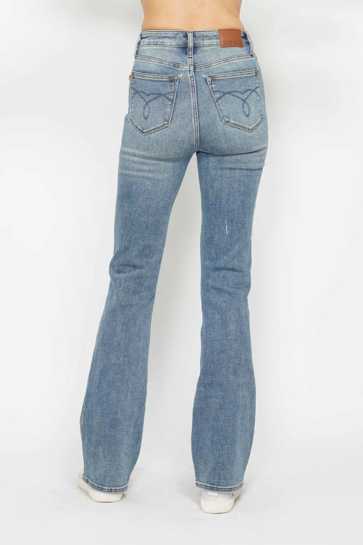 High-rise tummy control bootcut jeans with embroidered pockets
