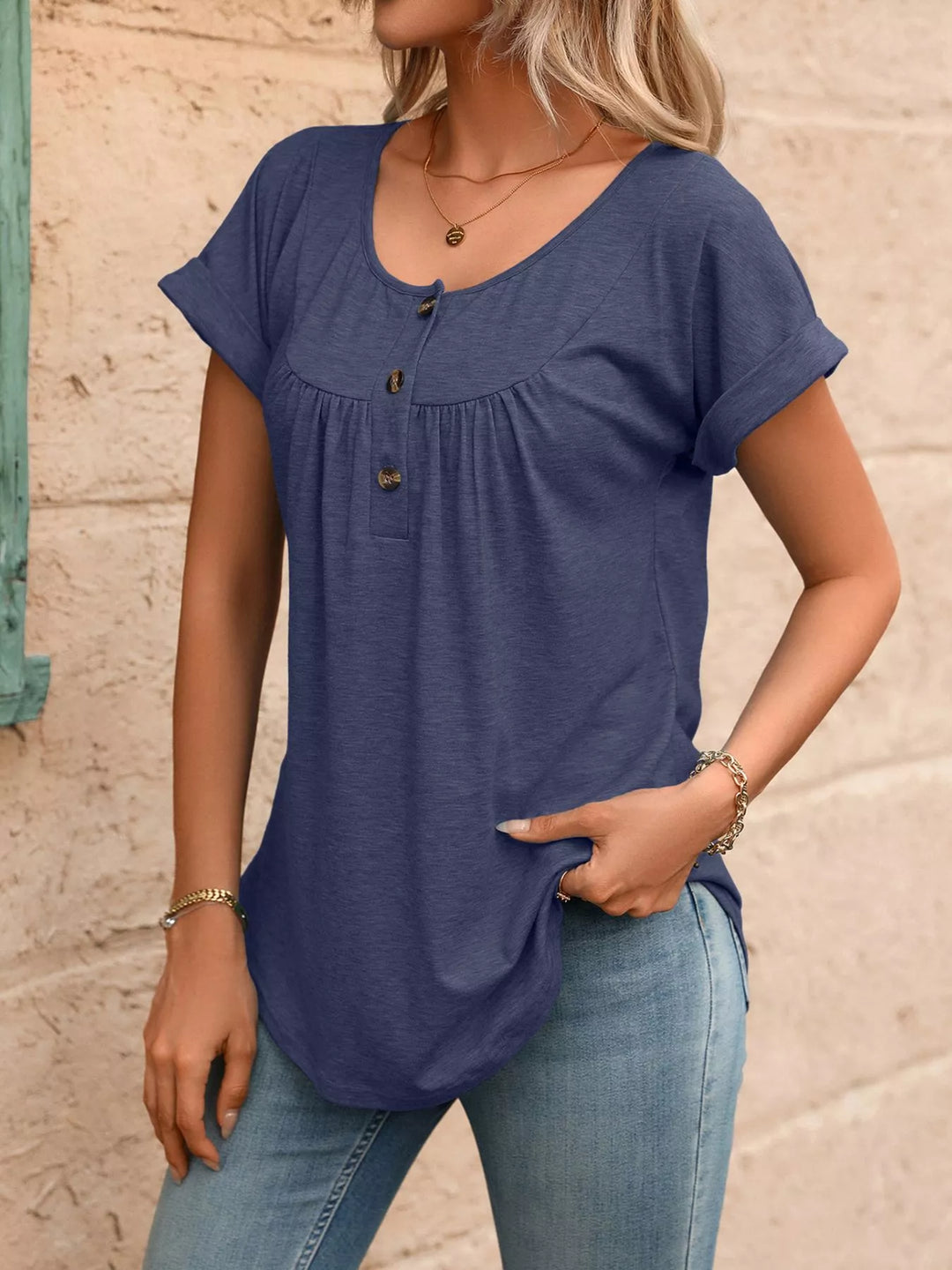Ruched button-placket henley top with cap sleeves