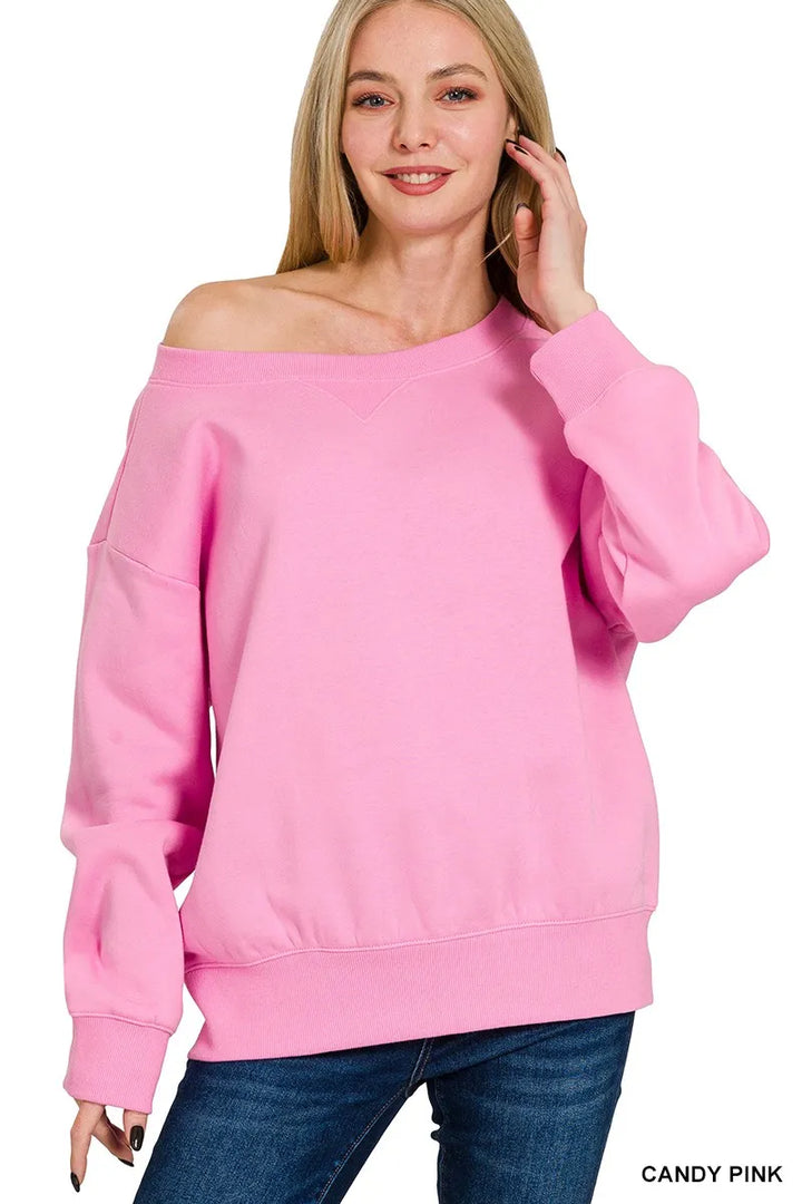 CANDY PINK Relaxed boat neck fleece sweatshirt with ribbed cuffs