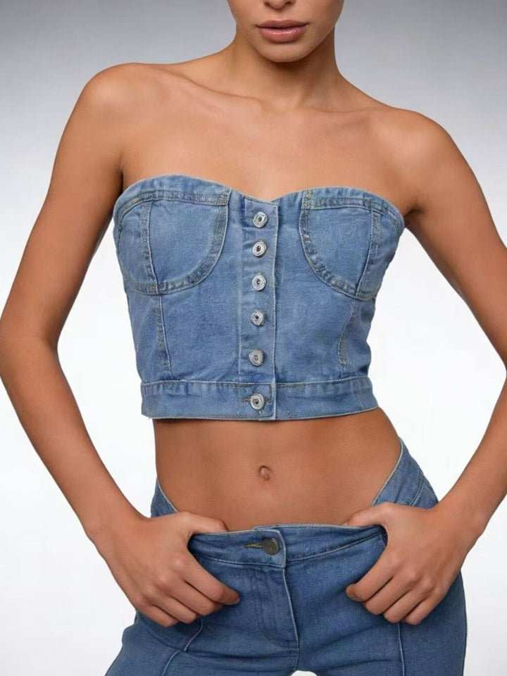 Button-front denim tube top with smocked sides