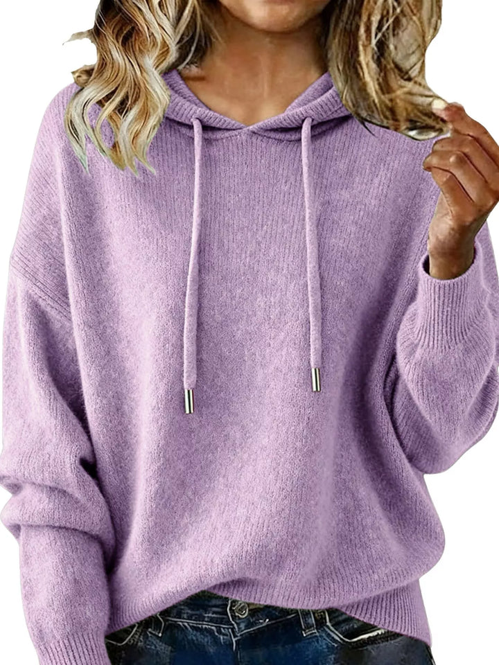 Pink Purple Drawstring hooded knit pullover sweater with ribbed cuffs
