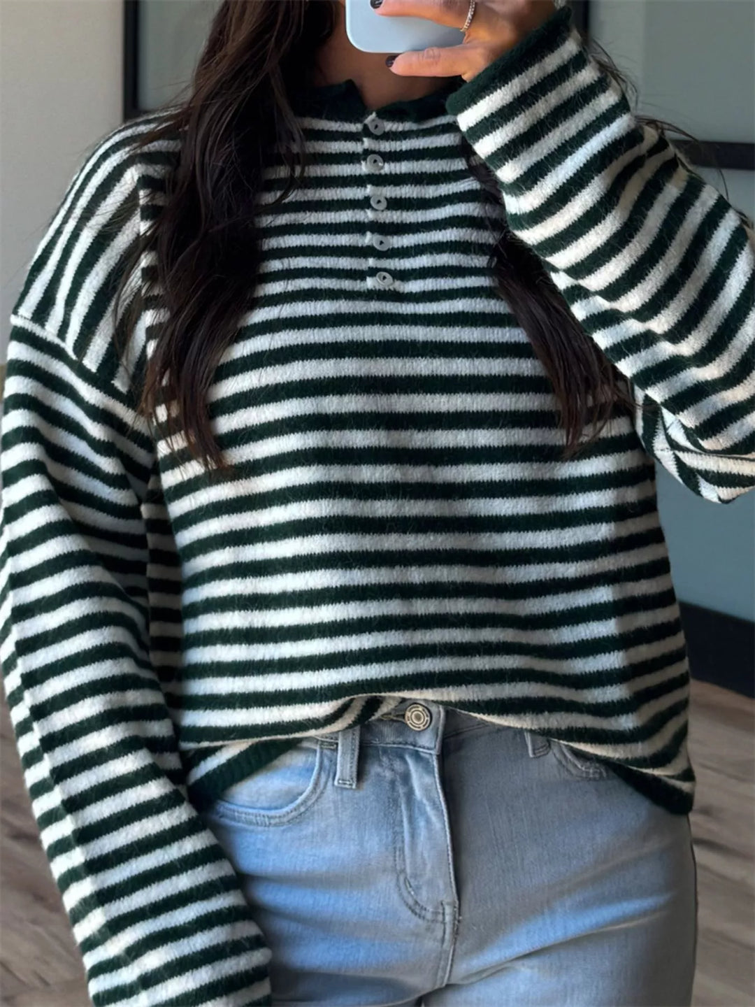 Striped dropped-shoulder collared sweater with button placket