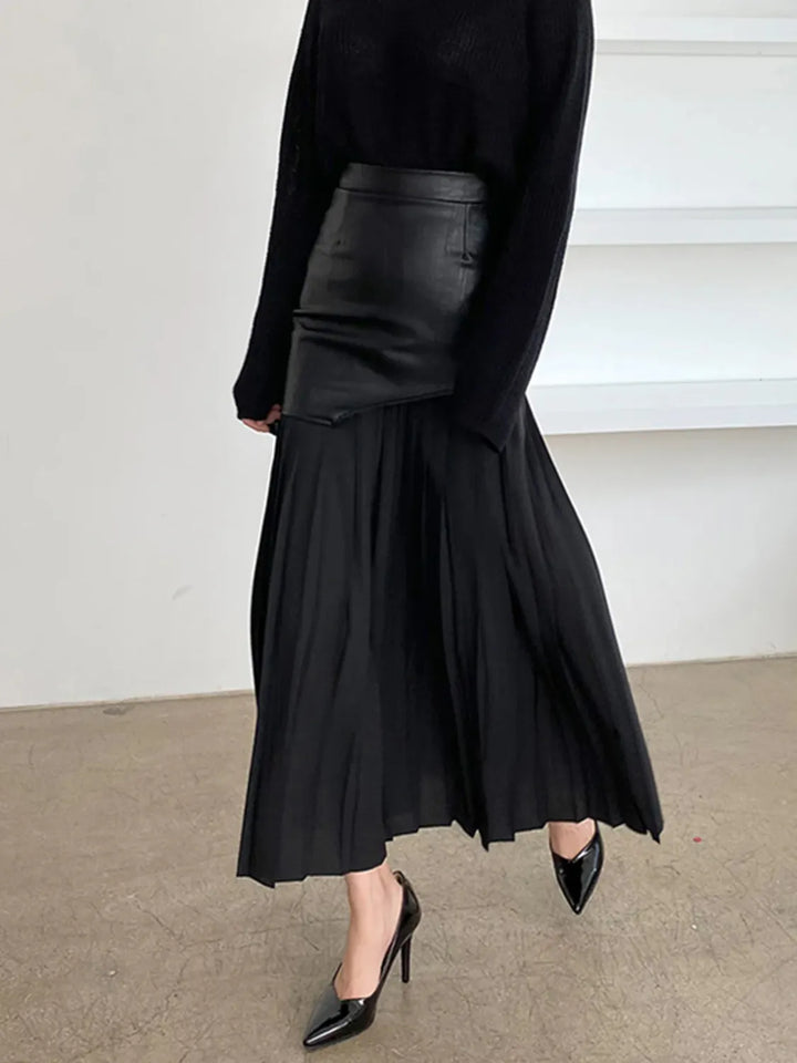 Black Faux leather panel pleated midi skirt