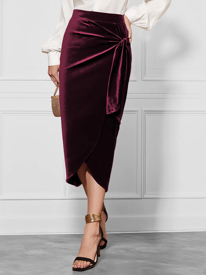 Stretch velvet midi skirt with side tie and slit