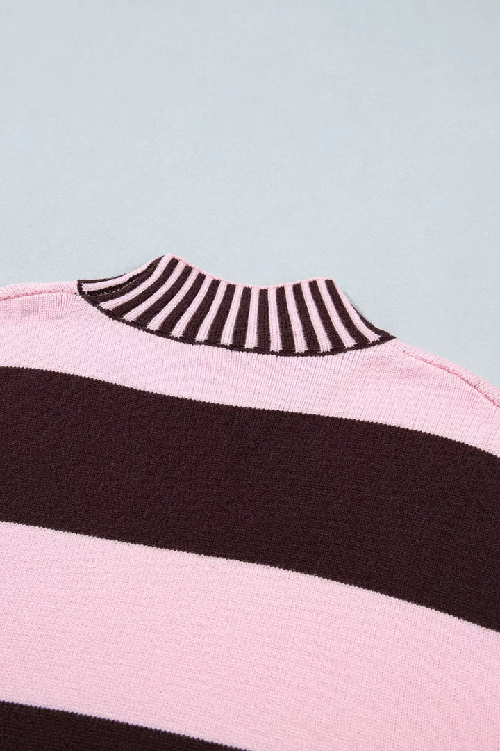Wide stripe mock neck drop shoulder relaxed sweater