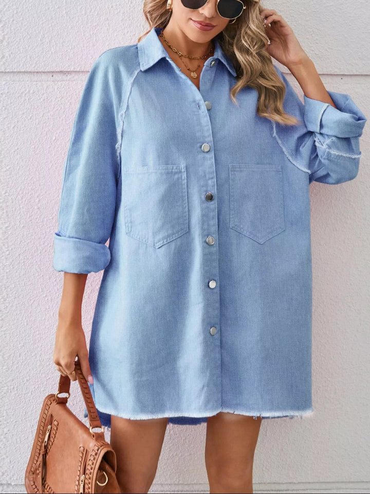 Light Blue Oversized button-down raw hem denim shirt dress