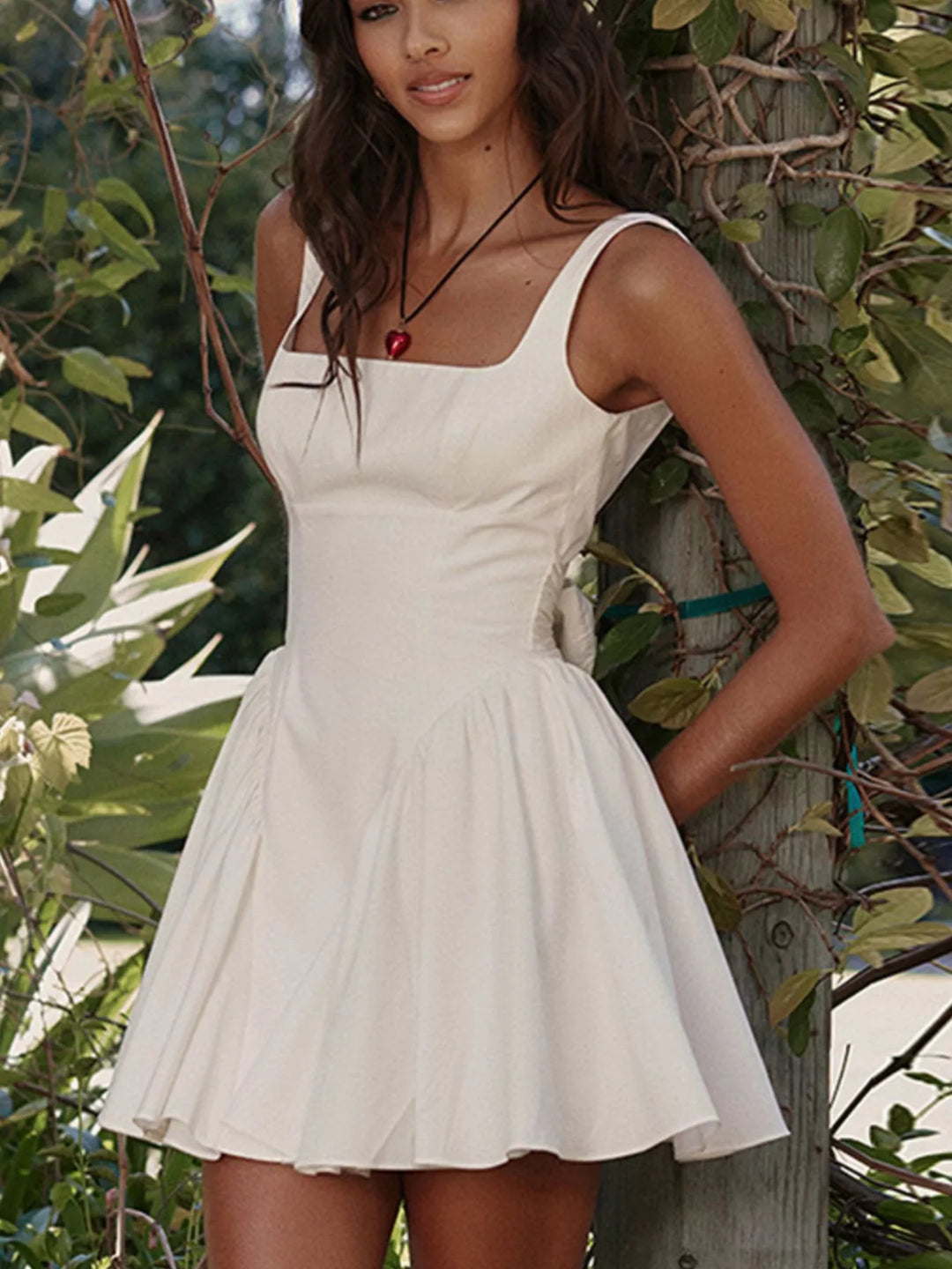 White Backless square neck fit-and-flare mini dress