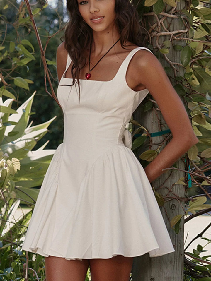 White Backless square neck fit-and-flare mini dress