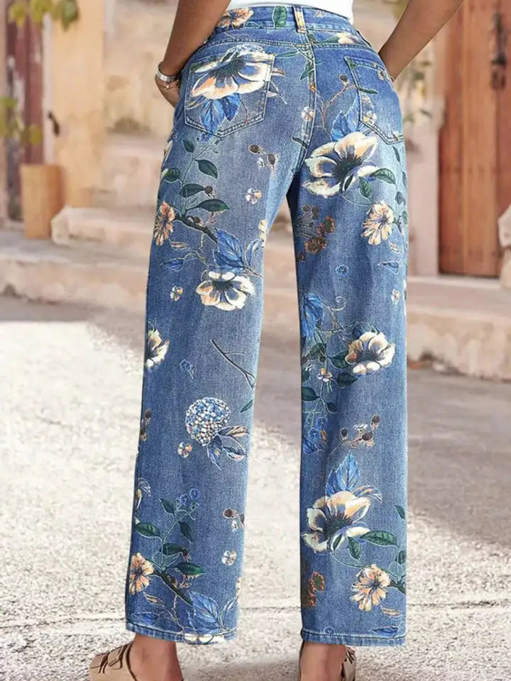High-rise wide-leg jeans with floral print