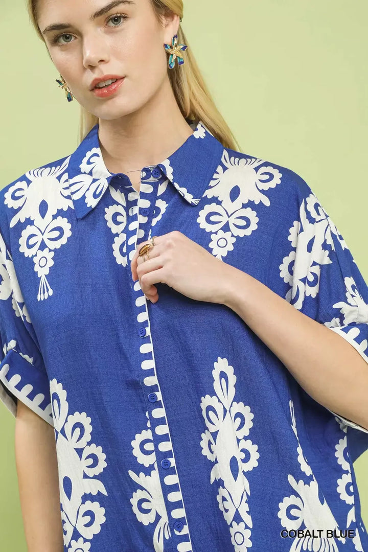 COBALT BLUE Abstract folk art print button-down short sleeve shirt