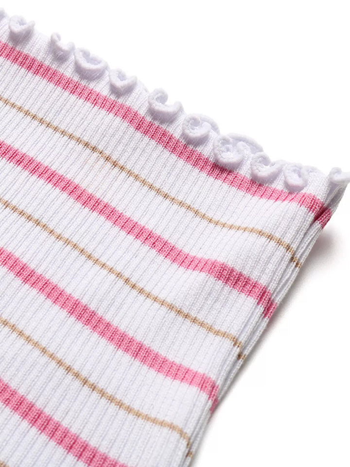 Ribbed striped tube top with lettuce-edge trim